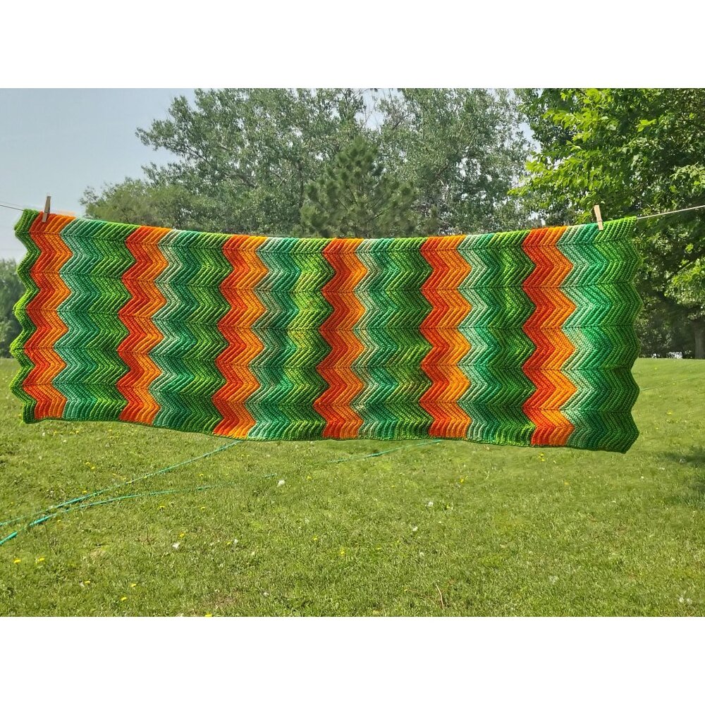 Handmade Variegated Wool Crochet Blanket Zigzag Pattern Green & Orange 64" X 45"